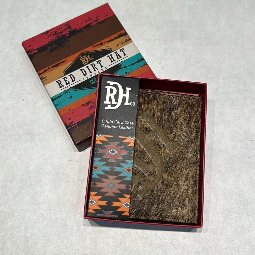 NEW Red Dirt Hat Co Logo Natural Brindle Hair On Leather Bifold Card Case Wallet